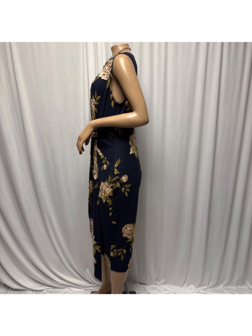 Nine Britton Midi Dress Womens XL Navy Floral Ruched Faux Wrap Bodycon Stretch - Picture 4 of 8
